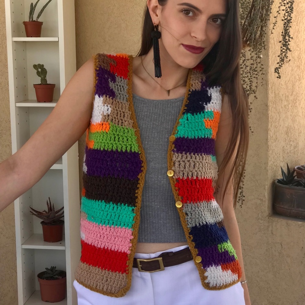 1970s Vintage Hand Knit Crocheted Sweater Vest